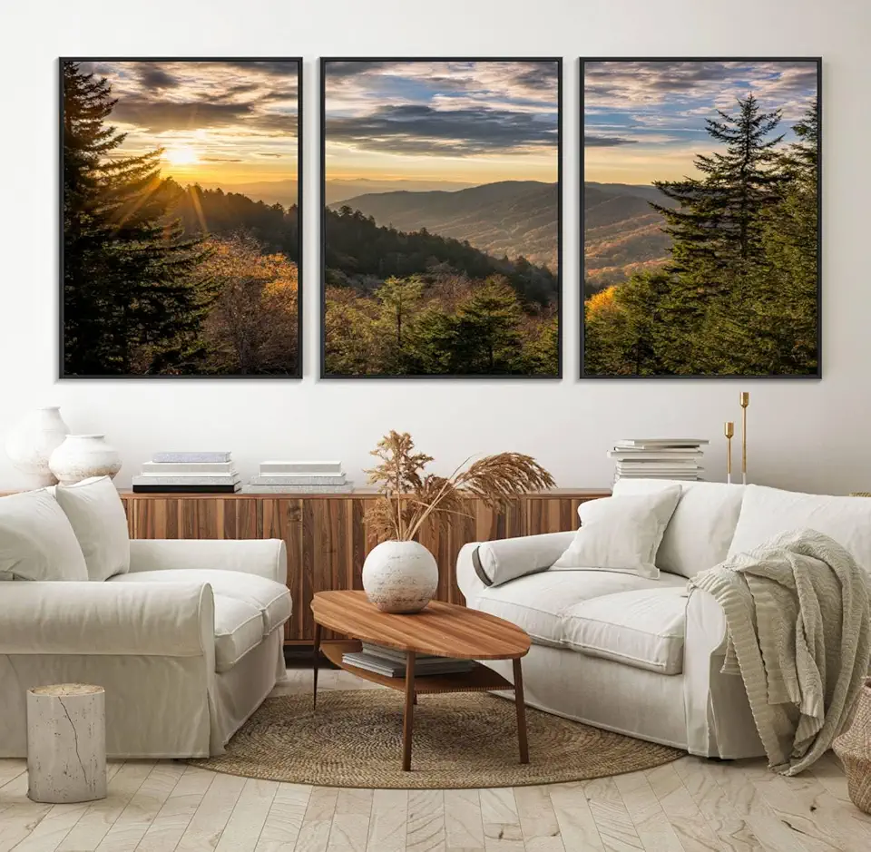Sunrise Over the Smoky Mountains Canvas Wall Art – Breathtaking Scenic Landscape Photography in a 3 Panel Floating Frame/Black / 90