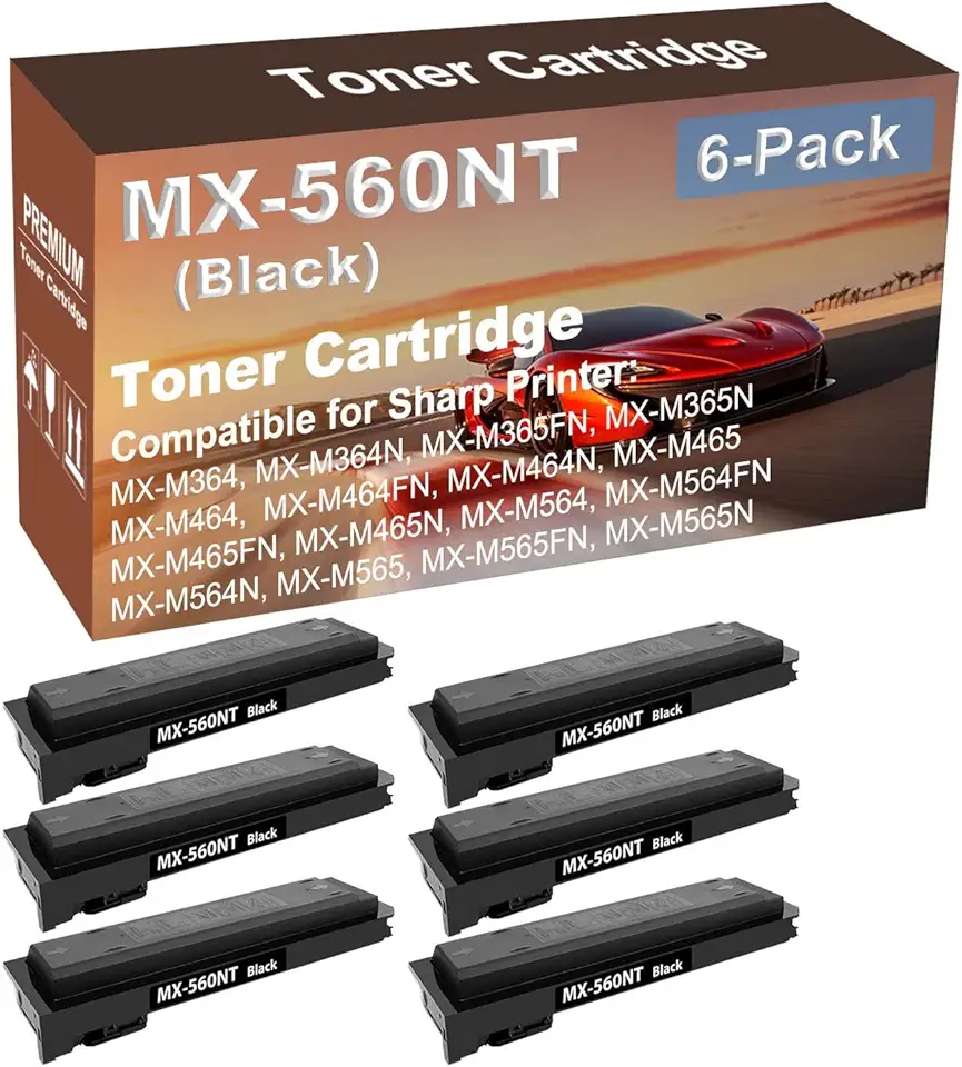 6-Pack Compatible High Yield MX-M564FN, MX-M564N, MX-M565, MX-M565FN, MX-M565N Printer Cartridge Replacement for Sharp MX-560NT Toner Cartridge (Black)