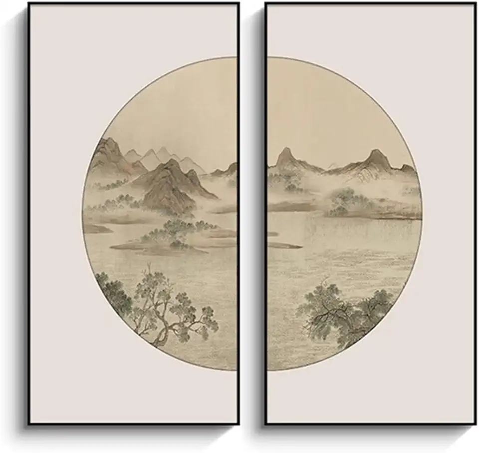 Tile Mural New Chinese Tea Room Background Wall Decorative Painting, Study Landscape Painting, Living Room and Dining Room Hanging Painting Mural Wall Pictures (Size : 70X140+70X140cm)