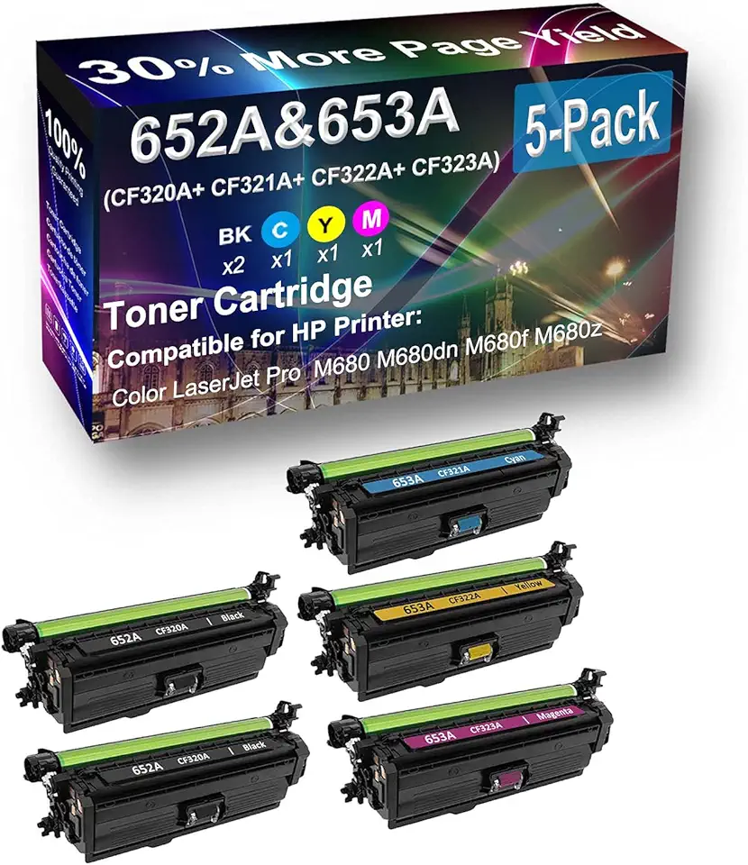 5-Pack (2BK+C+Y+M) Compatible High Yield 652A 653A (CF320A+ CF321A+ CF322A+ CF323A) Laser Printer Toner Cartridge use for HP M680z Printer