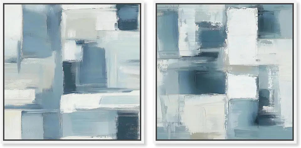 Modern Minimalist Blue Abstract Pair 2 Panel Set Canvas Print Abstract Wall Art by Art Remedy, White Frame, 40 x 40