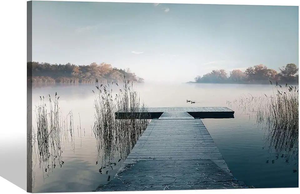 Nature Landscape Canvas Wall Art: Framed Natural Lake Scene Picture Prints Bridge Dock Scenery Painting Artwork for Home Living Room Bedroom Office Wall Decor 36x24 inch