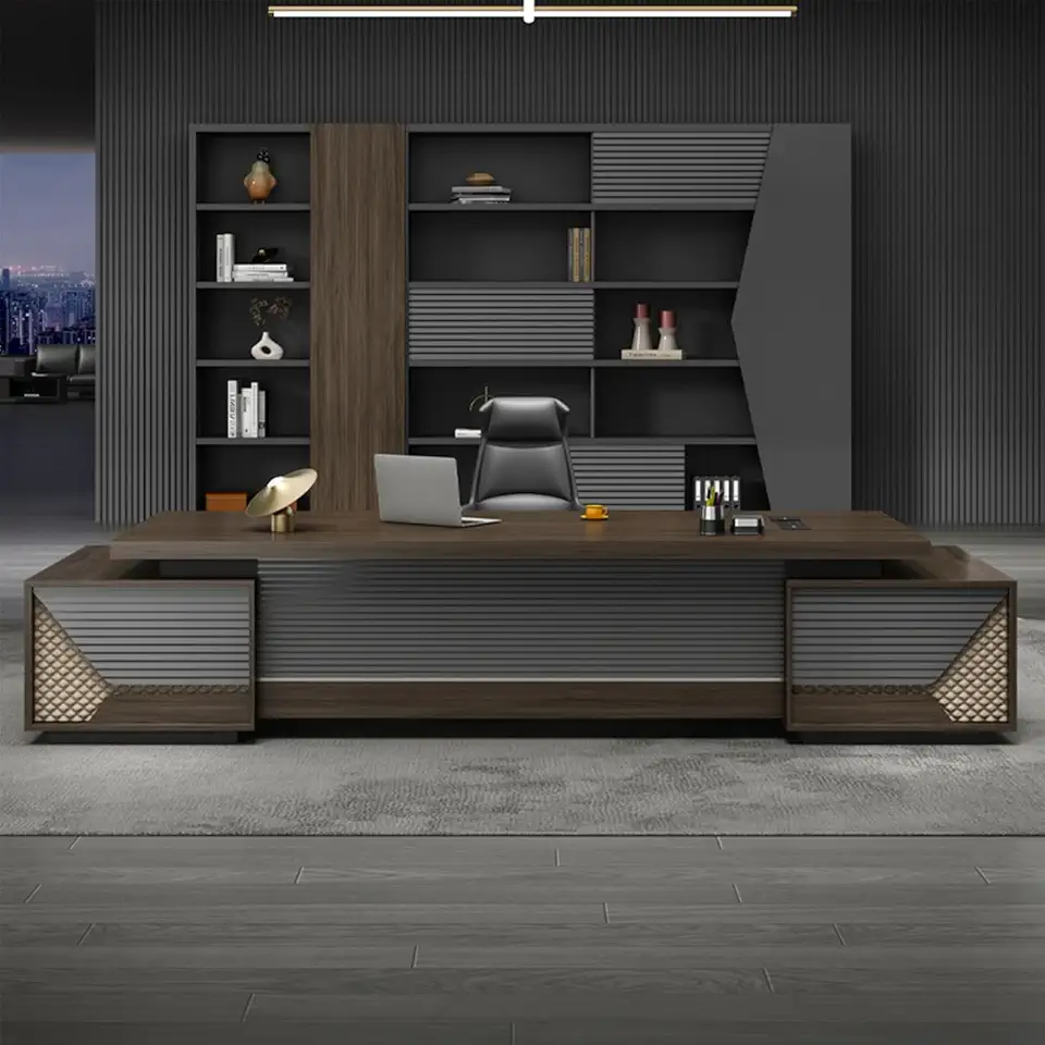 Brown L Shaped Computer Desk, Wood Executive Office Desk with Lateral Cabinet, Writing Study Table Business Furniture Set for CEO Boss