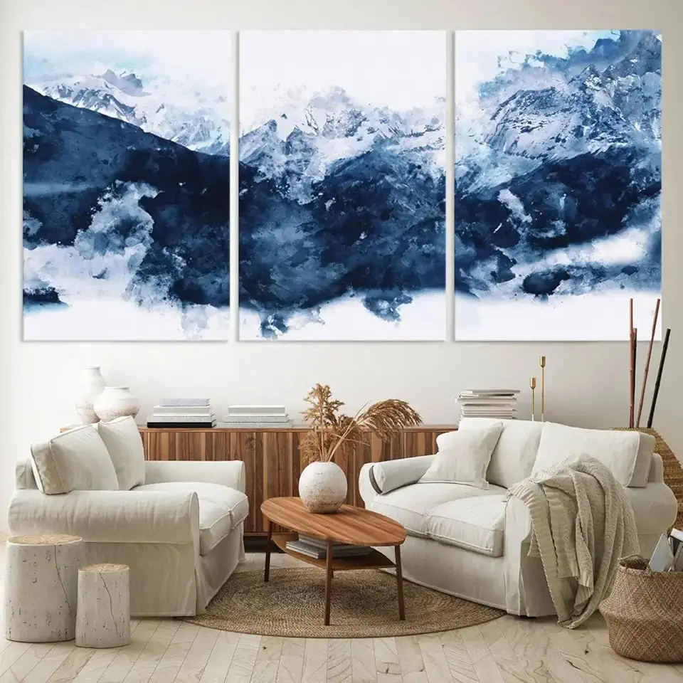 Sami Eymur Abstract Blue Mountain Canvas Wall Art – Modern Triptych Landscape Print – Contemporary Nature Decor for Living Room or Office – Ready to 3 Panel Canvas Print/Gallery Wrapped / 90