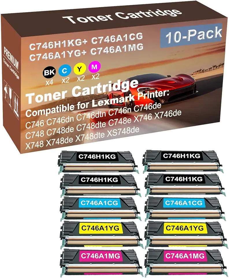 10-Pack (4BK+2C+2Y+2M) Compatible C748 C748de C748dte C748e X746 Printer Toner Cartridge High Capacity Replacement for C746H1KG+ C746A1CG+ C746A1YG+ C746A1MG Toner Cartridge