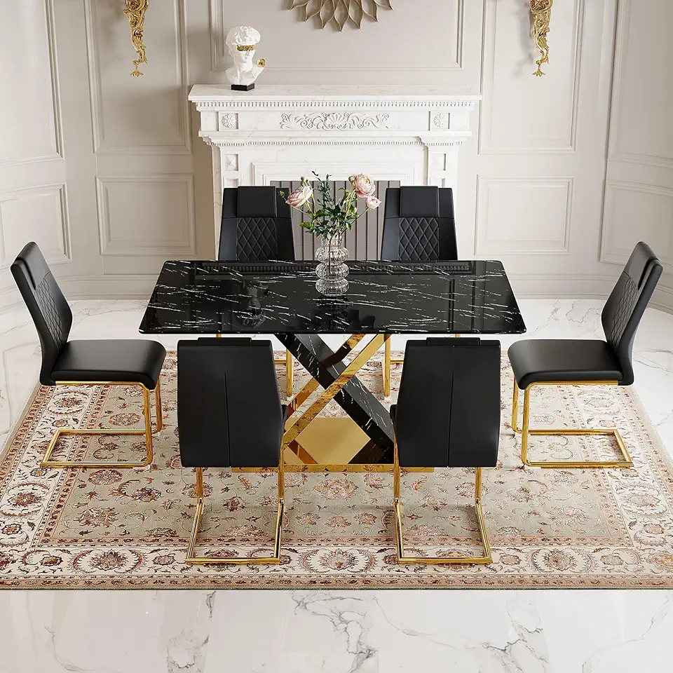Marble Dining Table Set for 6, 63'' Glossy Black Rectangular Dining Room Tabletop with X-Shaped Golden Base & 6 Upholstered Modern Chairs with Golden Legs, Suiable for Kitchen, Dining Room