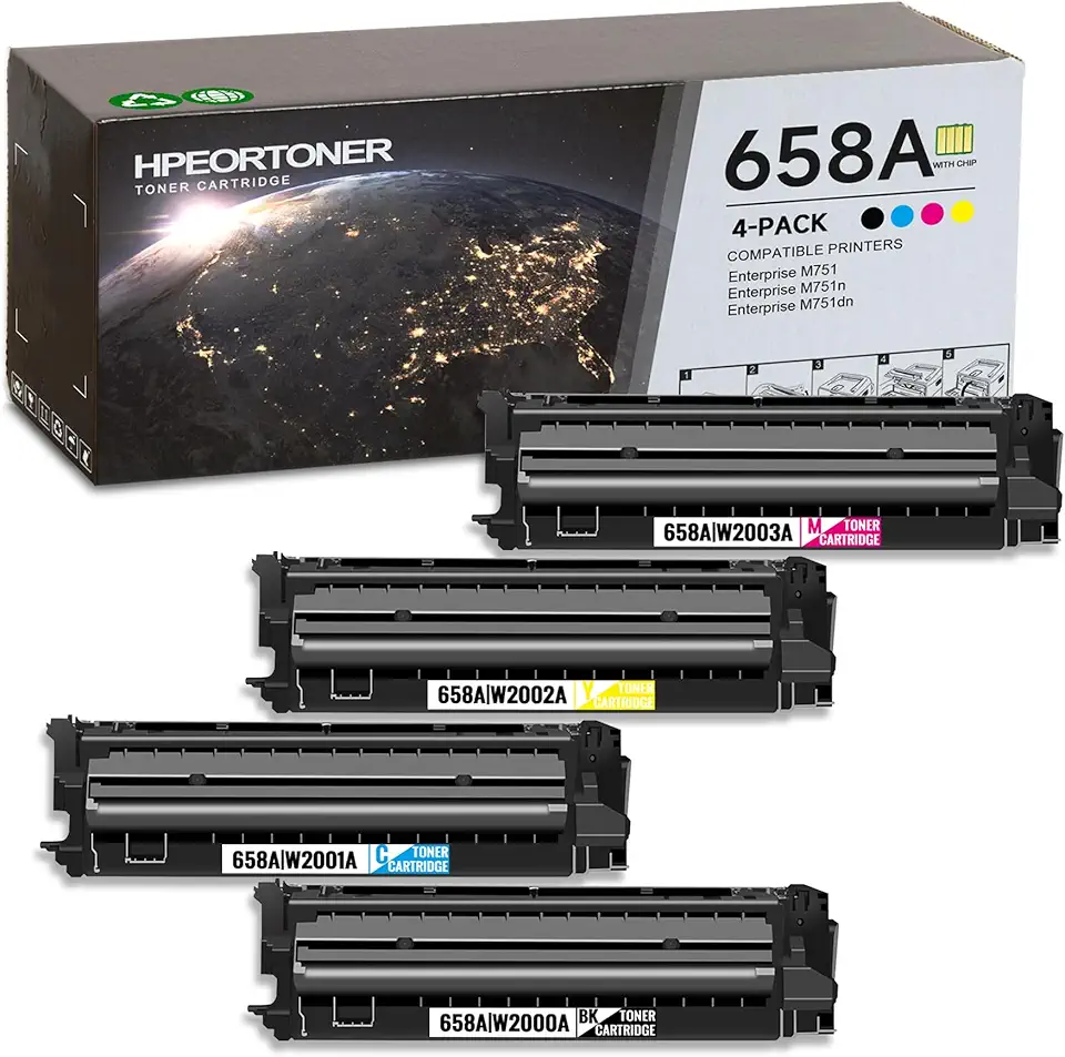 658A | W2000A W2001A W2002A W2003A BK/C/Y/M Toner Cartridge (with chip) : 4 Pack 658A High Capacity Toner Cartridge Replacement for HP 658A for Enterprise M751 M751n M751dn Printer