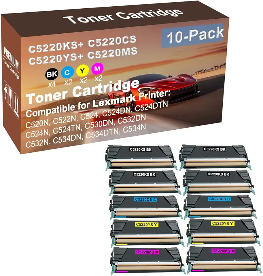 10-Pack (4BK+2C+2Y+2M) Compatible High Capacity C5220KS+ C5220CS+ C5220YS+ C5220MS Toner Cartridge Used for C520N, C522N, C524, C524DN, C524DTN Printer
