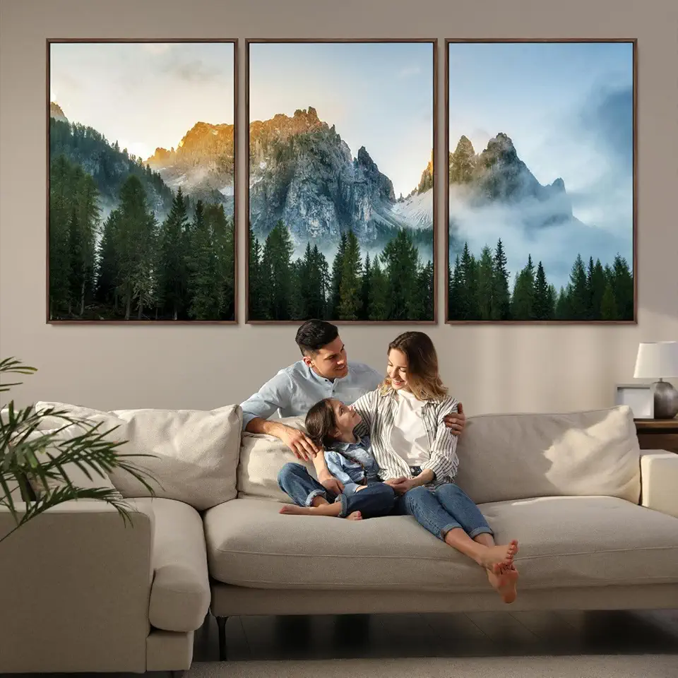 Wilderness Wall Art - Framed Nature Landscape Decor, Mountain Wall Art Canvas Print, Framed Nature 3 Panel Floating Frame/Walnut / 90