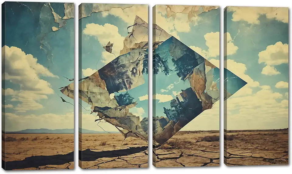 80 x 50 TOTAL - Surrealism Canvas Wall Art frame in desert with dreamlike scene Print, office art - 4 Panel Split
