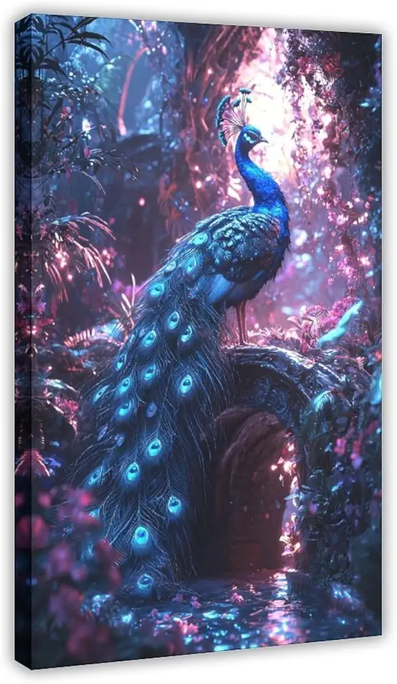 Cyber Peacock Temple Wall Art – Retro Futurism Fantasy Jungle Poster – Sci-Fi Bioluminescent Nature Print Poster Print for Teen Boys Room Wall Art Canvas Painting Print 20x30inch(50x75cm)