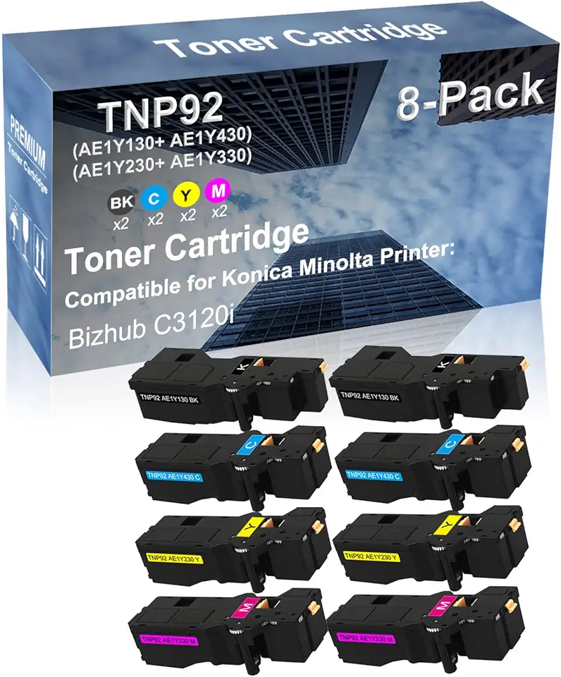 8-Pack (2BK+2C+2Y+2M) Compatible bizhub C3120i Printer Toner Cartridge High Capacity Replacement for Konica Minolta TNP92 (AE1Y130+ AE1Y430+ AE1Y230+ AE1Y330) Toner Cartridge