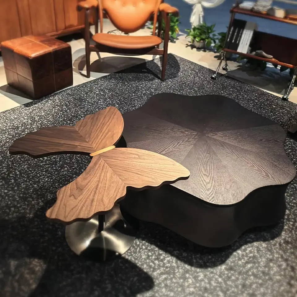 Wooden Center Table with Storage, Fluted Circle Walnut Wood Coffee End Table Sets for Apartment, Small Spaces, Bedroom, Modern Style 1.1M