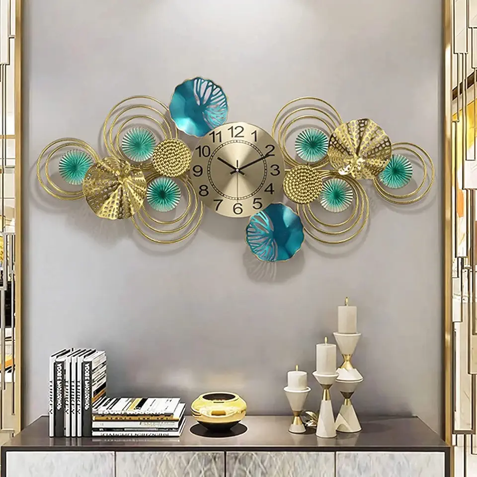 Wall Clock Modern Art Wall Clock Large Metal Leaf Wall Clock, Creative Silent Non-Ticking Battery Operated Quartz Clock for Bedroom Living Room Kitchen Easy to Read Wall