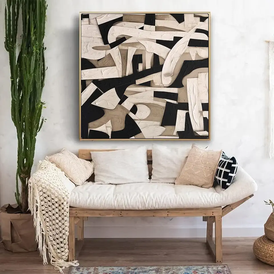 Beige And Black Textured Wall Art,Minimalist Abstract Oil Painting, Scandinavian Art,Soft Color Block Wall Art,Living Room Decor,Unstretched,Frameless,(183X183cm) 72X72Inches