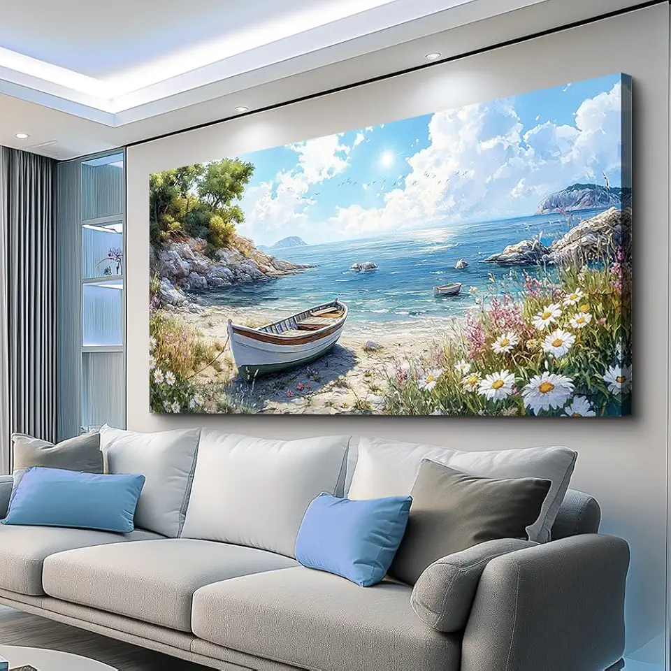 ZUITINGHUA Large Wall Decor For Living Room Canvas Wall Art For Office Modern Wall Decorations For Bedroom Seaside Boat Landscape Painting Farmhouse Pictures Artwork Room Home Decor 24x48 In