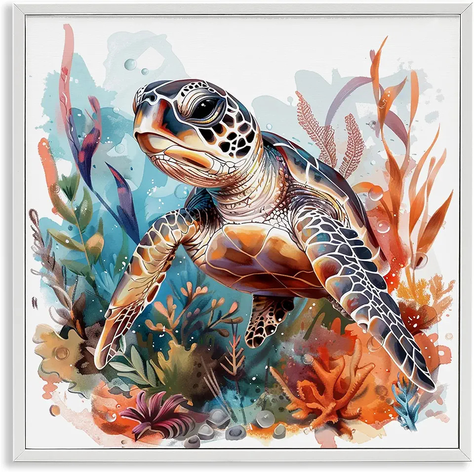 Stupell Industries Drifting Sea Turtle White Framed Giclee Wall Art Design by LSR Design Studio, 24 x 24