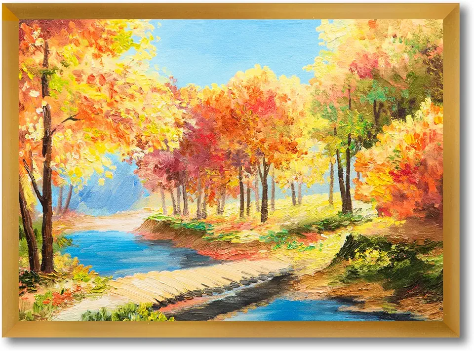 Yellow and Orange Trees By The Riverside Lake House Framed Wall Art