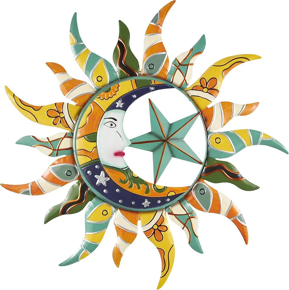 Sponsored Ad - Deco 79 Metal Sun and Moon Indoor Outdoor Abstract Patterned Wall Decor with Teal and Orange Accents, 36