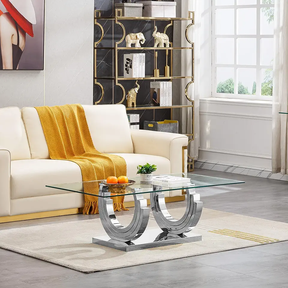 SSLine 1 Piece Glass Coffee Table,51'' Glass Living Room Table,Rectangle Center Table w/Tempered Glass Tabletop&Stainless Steel Base,Contemporary Living Room Furniture