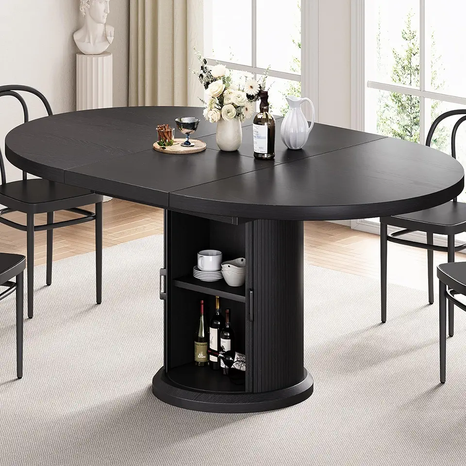 Sponsored Ad - Dining Table for 4-6,63“Extendable Round Kitchen Dining Room Table with 2-Tier Storage Shelf, Space Saving Expandable Wood Oval Circle Dinner Furniture with Pedestal Base (Black)