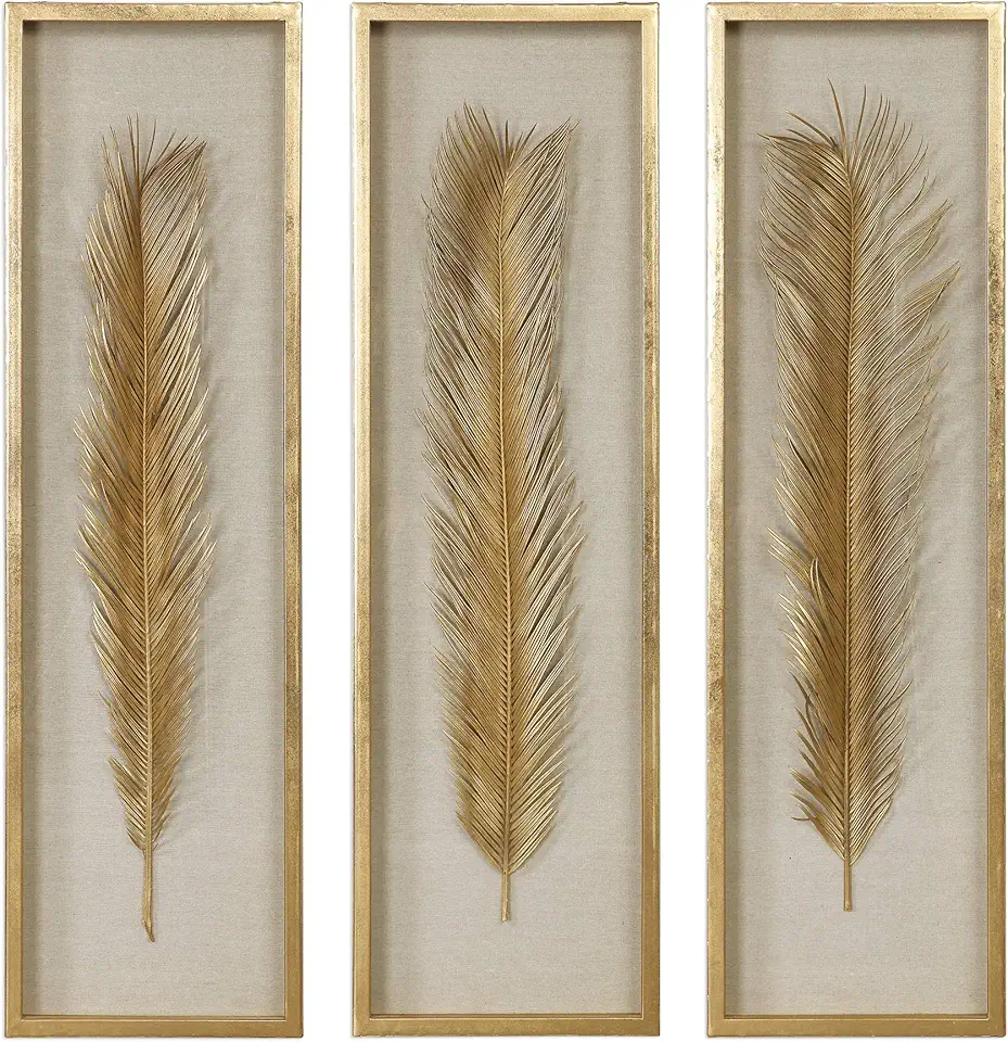 MY SWANKY HOME Luxe Tall Gold Palm Leaf Wall Art Set 3 | Organic Shape Shadow Box Sculpture