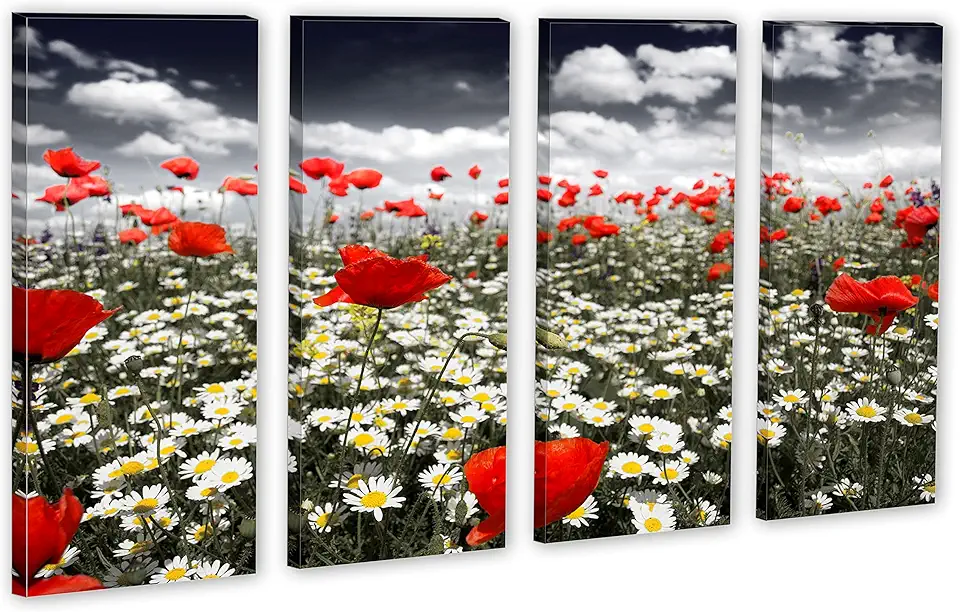 80 x 50 TOTAL - Poppies in field Canvas Print - 4 Panel Split, Wall Art