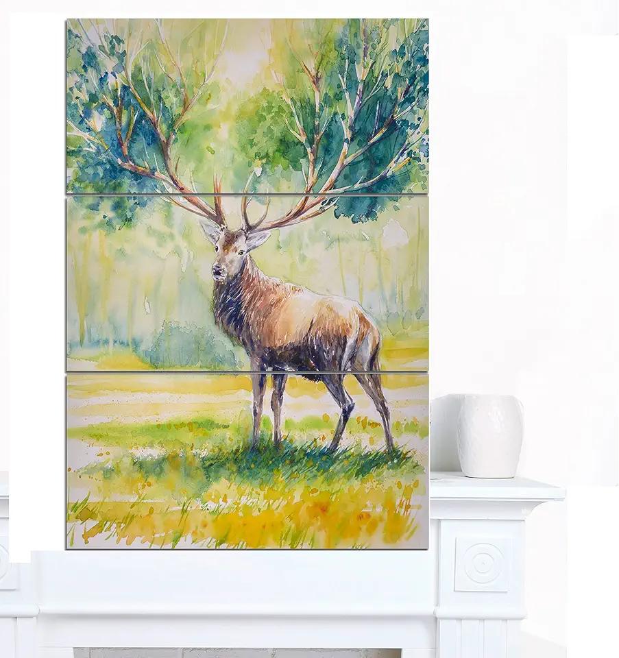 Design Art Deer with Blue Horn Animal Wall Art Print, 28'' H x 36'' W x 1'' D 3P