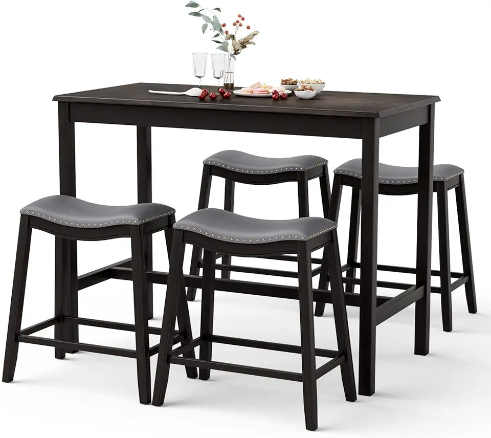 GOFLAME 5-Piece Bar Table Set - Modern Bistro Table with 4 Upholstered Stools, Perfect for Kitchen, Dining, or Pub