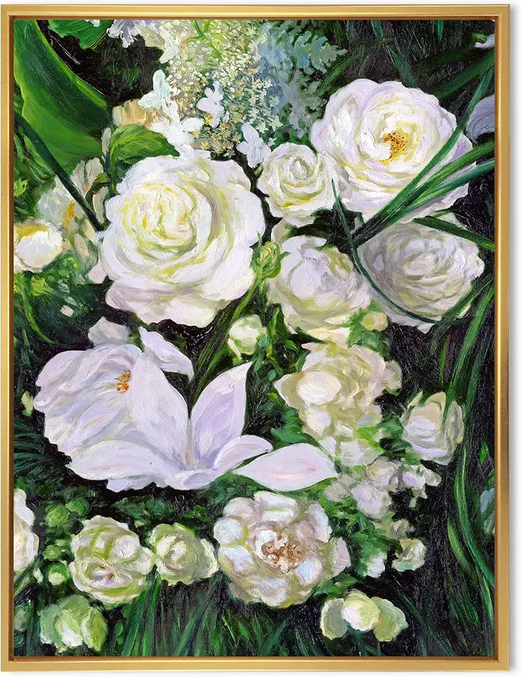 Bouquet of White Roses - Traditional Framed Canvas Wall Art Print