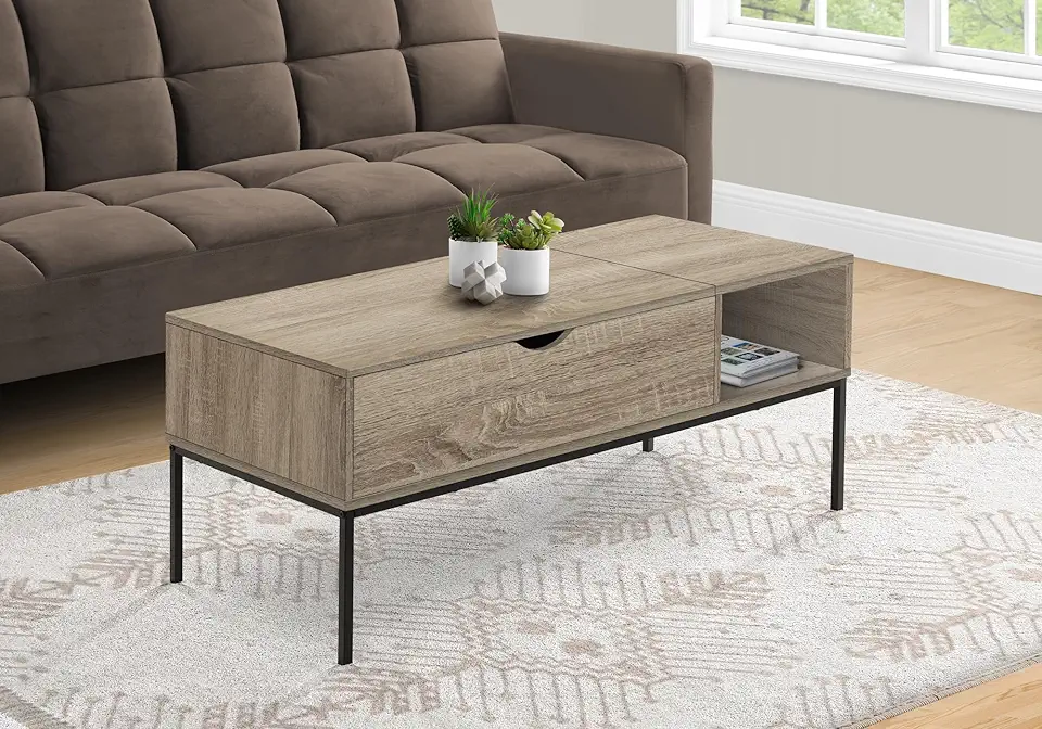 Taupe Lift Top Coffee Table with 2-Tier, Open Storage, Farmhouse Center Table for Living Room, Office, 42