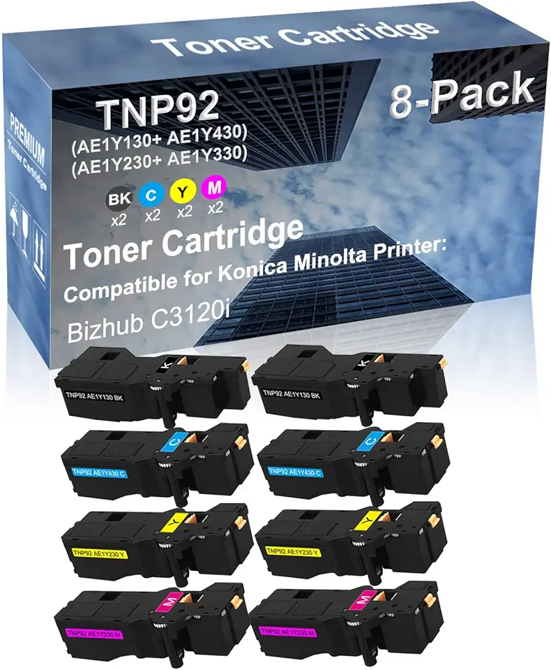 8-Pack (2BK+2C+2Y+2M) Compatible High Yield TNP92 (AE1Y130+ AE1Y430+ AE1Y230+ AE1Y330) Laser Printer Toner Cartridge Used for Konica Minolta bizhub C3120i Printer