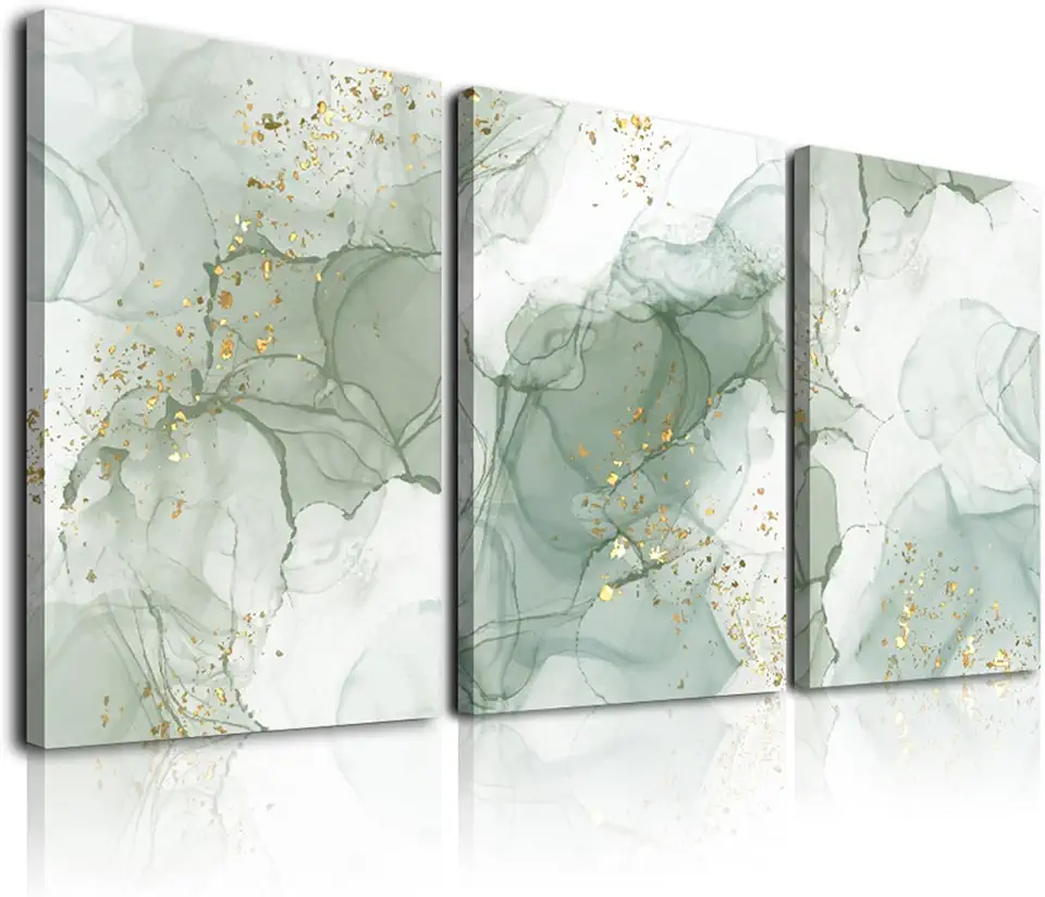 Green Wall Art Set of 3,Abstract Sage Green Wall Decor Living Room, Gold Green Beige Marble Large Framed Canvas Wall Art Mid Century Modern Art Pictures, Boho Green Aesthetic Wall Decor Bedroom Bathroom Office,16x24inch