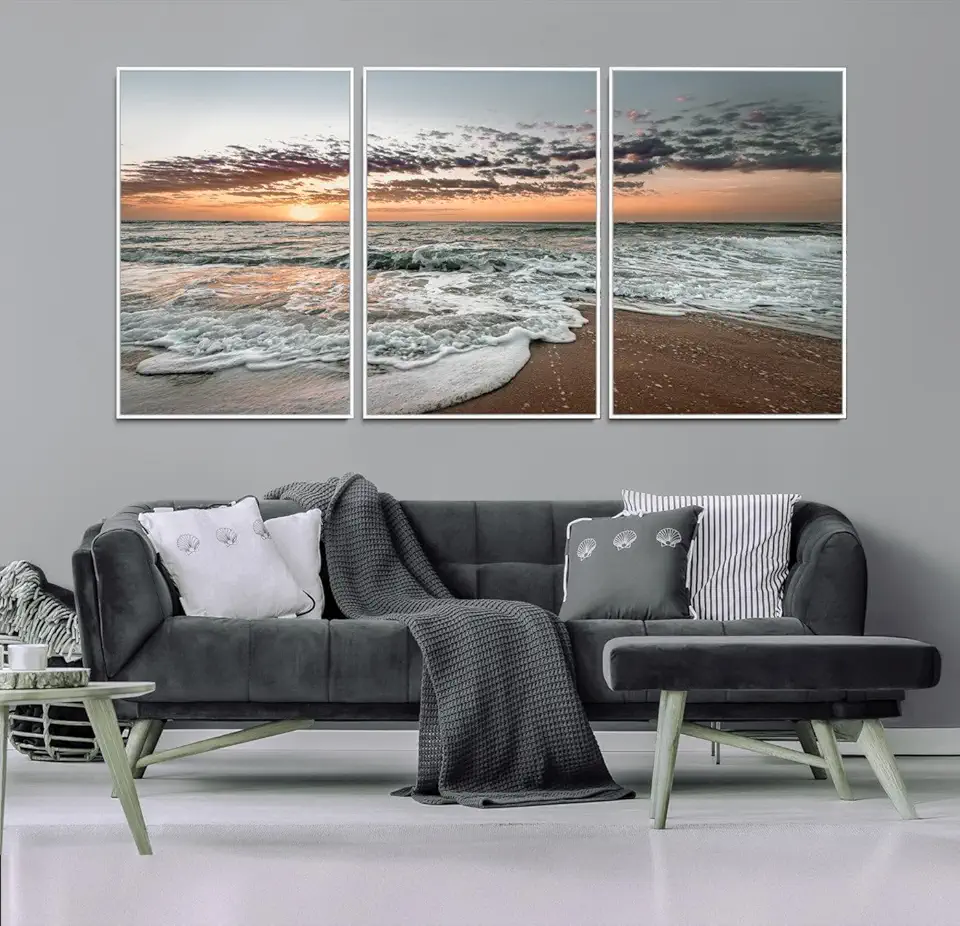 Ocean Sunset Wall Art Canvas Print, Beach Waves Print, Framed Coastal Scene Art Print, Large Seascape Printing Perfect for Coastal Decor 3 Panel Floating Frame/White / 90