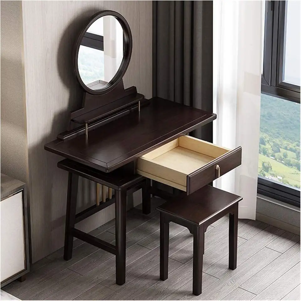 Dressing Desk with Mirror and Stool, Easy Assembly, Vanity Set with Drawers & Storage Shelves, Bedroom Makeup Vanity Desk