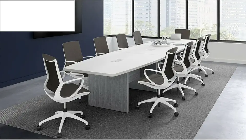 New White 14 FT Executive Boat Shaped Conference Table Racetrack Meeting Boardroom Room Office Desk Modern Furniture Wood 165