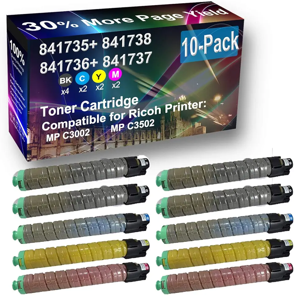10-Pack (4BK+2C+2Y+2M) Compatible MP C3002 MP C3502 Printer Toner Cartridge High Capacity Replacement for Ricoh 841735 841738 841736 841737 Toner Cartridge