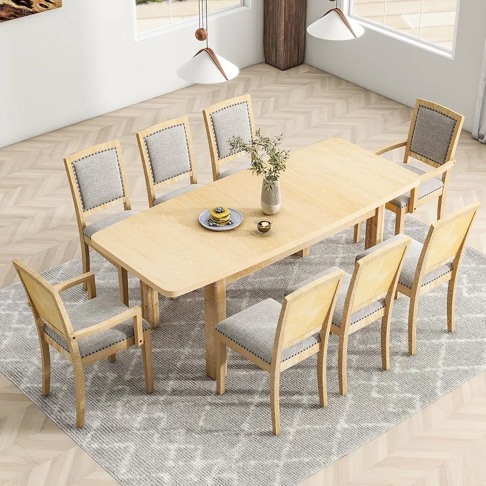 CITYLIGHT 9 Pieces Dining Table Set, 84 inch Extendable Dining Table Set with Removable Leaf, 6 Upholstered Armless Dining Chairs and 2 Padded Arm Chairs for Dining Room,Natural