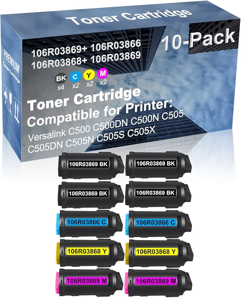 10-Pack (4BK+2C+2Y+2M) Compatible High Yield 106R03869+ 106R03866+ 106R03868+ 106R03869 Laser Printer Toner Cartridge Used for Versalink C500 C500DN C500N C505 C505DN C505N C505S C505X Printer
