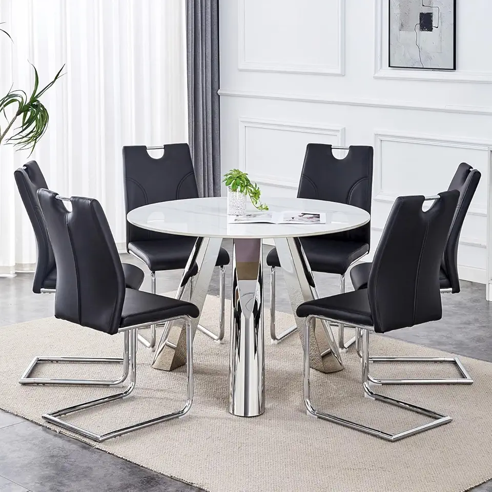 42-inch Stainless Steel Leg Round Table with 6 Uniquely Designed Black Dining Chairs with Silver Metal Leg,Easy Assembly