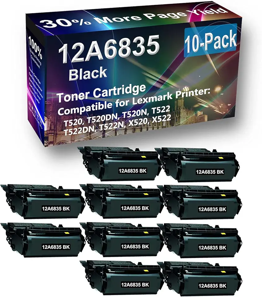 10-Pack Compatible High Capacity 12A6835 Toner Cartridge use for Lexmark T520, T520DN, T520N, T522 Printer (Black)