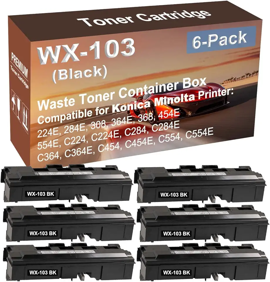 6-Pack Compatible High Yield C364E, C454, C454E, C554, C554E Printer Waste Toner Container Box Replacement for Konica Minolta WX103 WX-103 Toner Cartridge (Black)