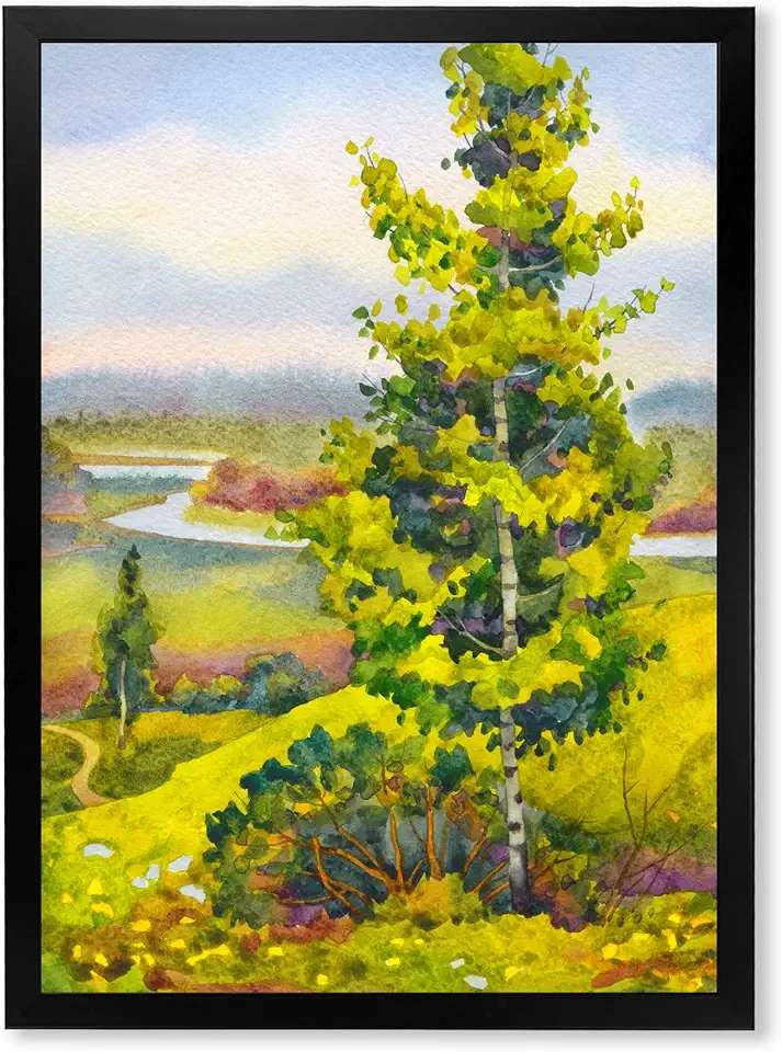 Colorful Young Orange Betulas On Bank Of Calm Bay Lake House Framed Wall Art