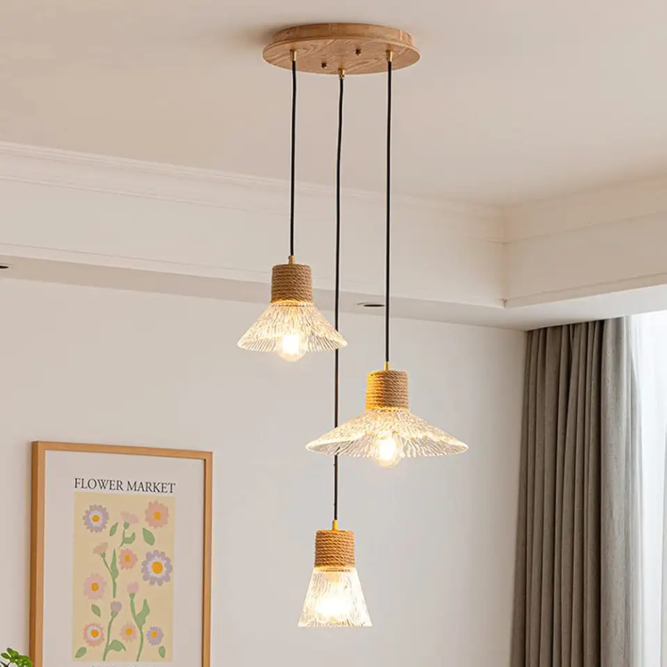 Chandelier, Nordic Glass Chandelier E27 3-Light Hemp Rope Pendent Lamp Japanese Dining Table Suspended Light Fixture Interior Home Bedroom Foyer Adjustable Ceiling Hanging Light