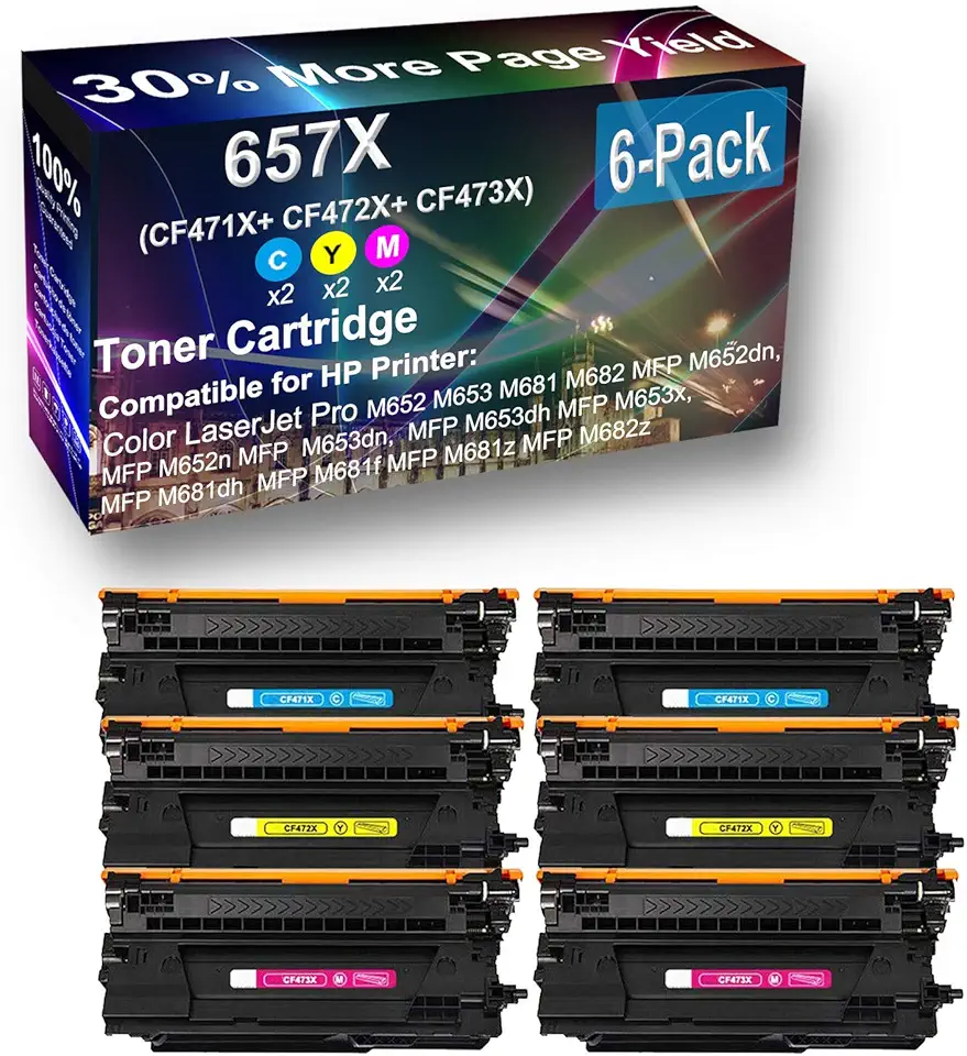 6-Pack (2C+2Y+2M) Compatible High Capacity 657X (CF471X CF472X CF473X) Toner Cartridge use for HP M652, M653, M681, M682, MFP M652dn Printer