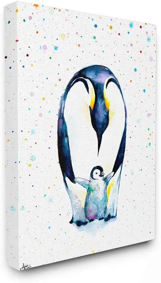 Stupell Industries Watercolor Polka Dot Splatter Penguin Mom and Baby Family Stretched Canvas Wall Art, 30 x 40, Multi-Color