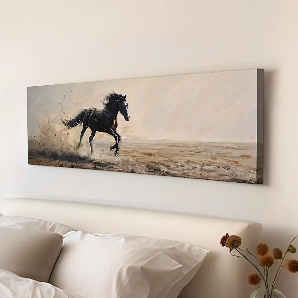 My Sweet Hideout Running Horse Above Bed Wall Art Modern Oil, Panoramic Raging Horse Canvas Print, Farmhouse Long Horizontal Canvas Art 30x90