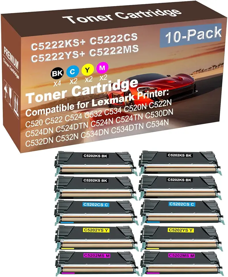 10-Pack (4BK+2C+2Y+2M) Compatible C522N, C524DN, C524DTN, C524N, C524TN Printer Toner Cartridge High Capacity Replacement for C5202KS+ C5202CS+ C5202YS+ C5202MS Toner Cartridge