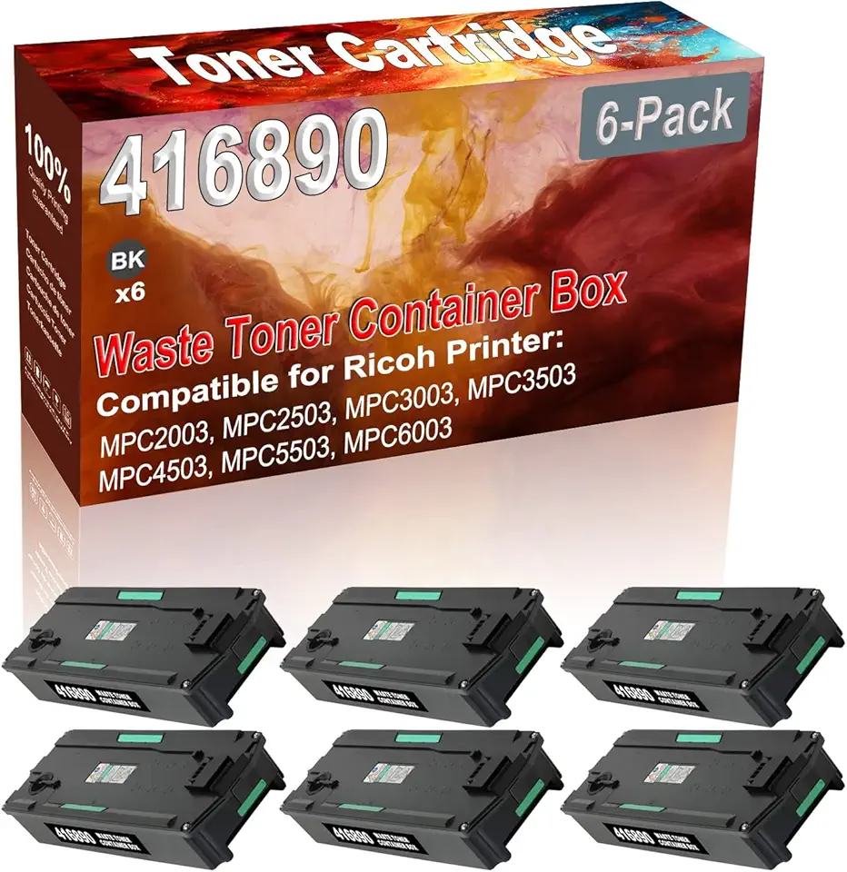 6-Pack (Black) Compatible High Yield 416890 Waste Toner Container Box use for Ricoh MPC2003 MPC2503 MPC3003 MPC3503 MPC4503 MPC5503 MPC6003 Printer