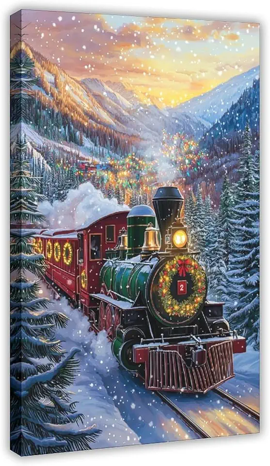 Christmas Train Wall Art – Vintage Steam Engine in Snowy Pine Forest, Festive Holiday Winter Scene, Seasonal Wall Decor Canvas Poster Wall Art Decor Print Picture Paintings for Living Room Bedroom Dec